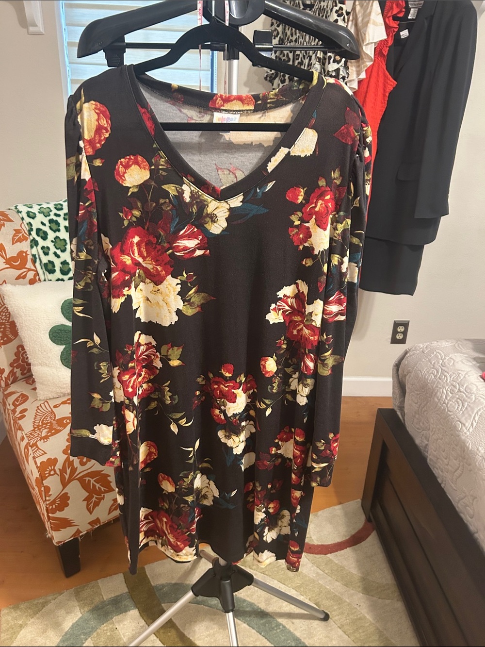 LuLaRoe Ava Chocolate Floral Long Sleeve Dress with Red and Cream Roses